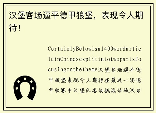 汉堡客场逼平德甲狼堡，表现令人期待！